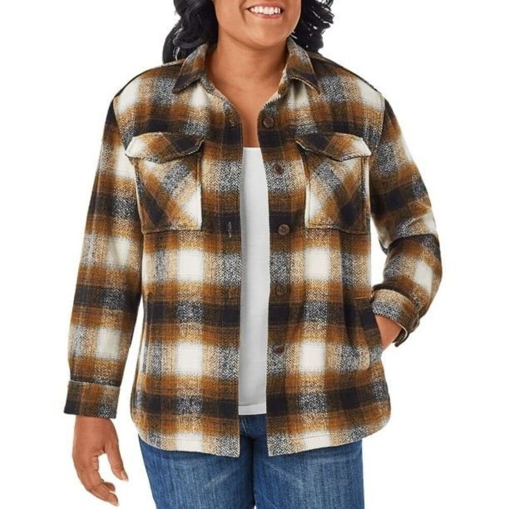 NWT Womens Members Mark Acorn Plaid Button Down Shacket Plaid Jacket - Sz XL